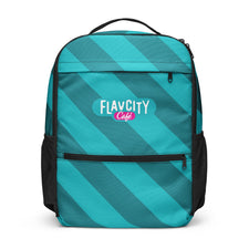The Utility Backpack - Café Stripes by Shop FlavCity features teal and black colors with diagonal dark teal stripes, the FlavCity Café logo in white and pink on the front zip pocket, plus multiple pockets, side mesh pockets, and a laptop compartment.