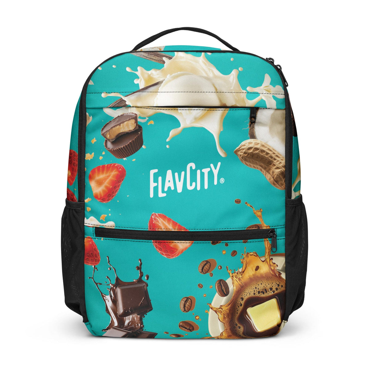 The Utility Backpack - with ingredients by Shop FlavCity has a turquoise background with images of strawberries, peanut butter cups, dark chocolate, peanuts, coffee beans, milk splashes, butter, and "FLAVCITY" in white. Multiple pockets offer easy organization.