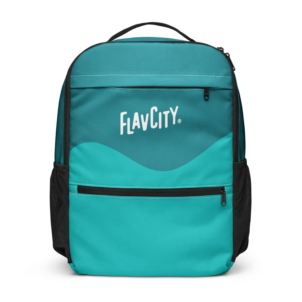 The Utility Backpack - Wave Logo by Shop FlavCity is a teal and dark teal bag with a white FlavCity print, multiple pockets—including front zippered, black mesh sides, and a roomy laptop compartment—shown against a white background.