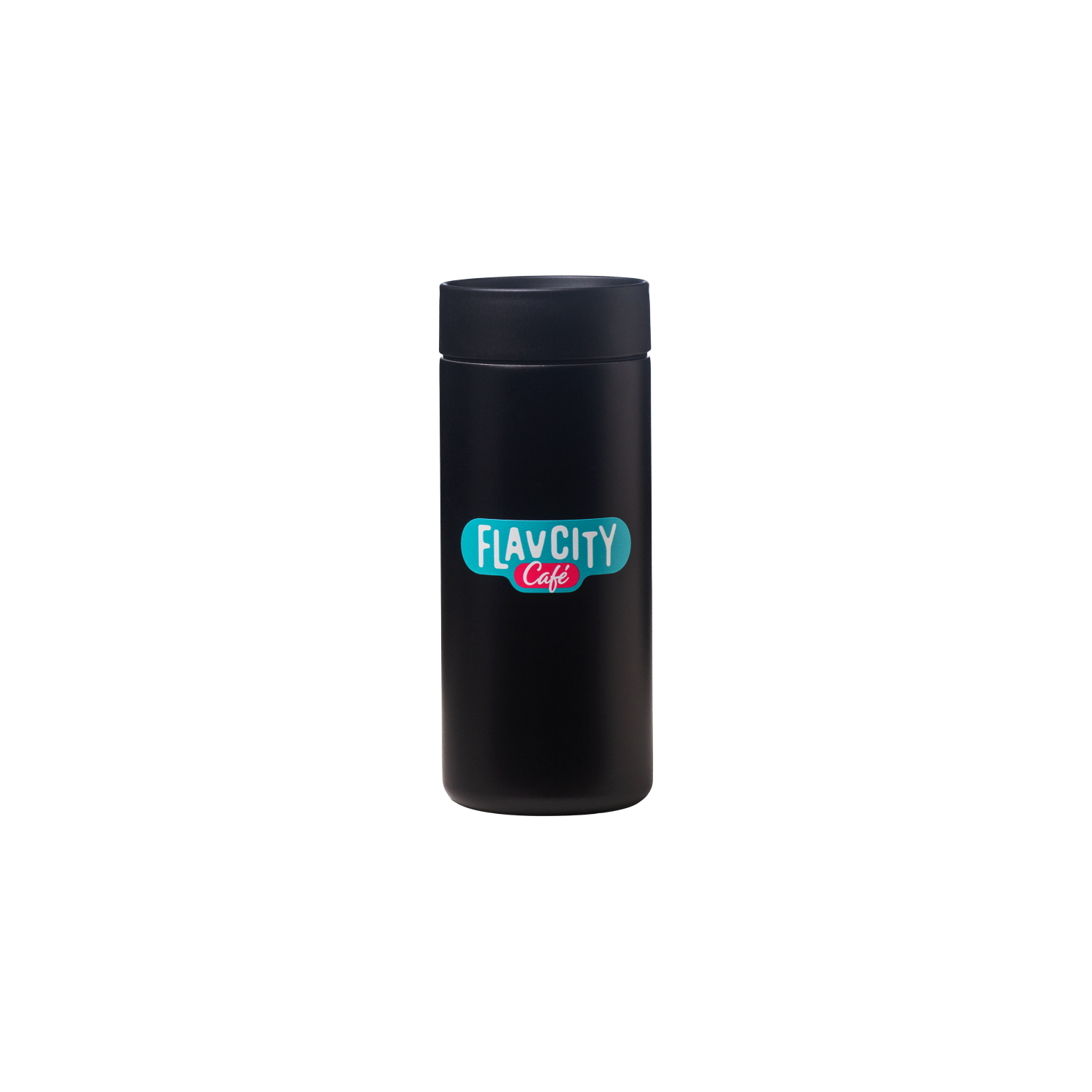 The Hot Tumbler by FlavCity Cafe is a black stainless steel tumbler with a lid, featuring a blue and pink FlavCity Cafe logo on the front—ideal for stylish hydration on the go.