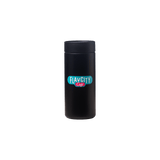 The FlavCity Cafe Hot Tumbler 12oz is a black travel mug with double-wall insulation, a screw-on lid, and a blue, white, and pink FlavCity Cafe logo on the front, shown against a plain white background.