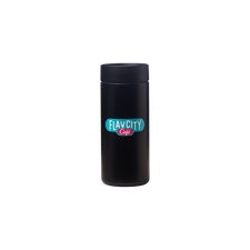 The Hot Tumbler by FlavCity Cafe is a black stainless steel tumbler with a lid, featuring a blue and pink FlavCity Cafe logo on the front—ideal for stylish hydration on the go.