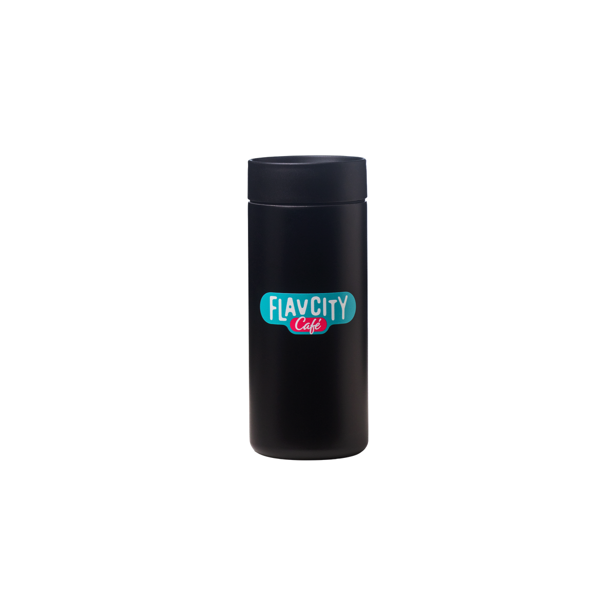 The Hot Tumbler by FlavCity Cafe is a black stainless steel tumbler with a lid, featuring a blue and pink FlavCity Cafe logo on the front—ideal for stylish hydration on the go.