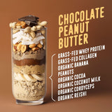 A tall clear shaker bottle filled with Shop FlavCity's Protein Smoothie Starter Kit: whey protein, collagen, banana, peanuts, cocoa, coconut milk, cordyceps, and reishi. Topped with dark chocolate pieces for a delicious boost.