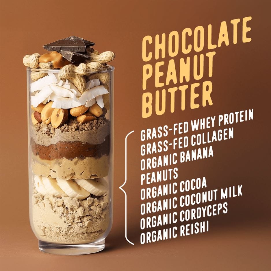 A tall clear shaker bottle filled with Shop FlavCity's Protein Smoothie Starter Kit: whey protein, collagen, banana, peanuts, cocoa, coconut milk, cordyceps, and reishi. Topped with dark chocolate pieces for a delicious boost.