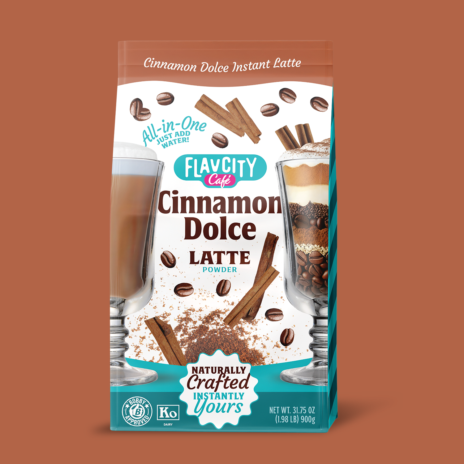 Front view of FlavCity Cafe Cinnamon Dolce Latte powder bag, featuring cinnamon and creamy latte artwork on a white background, highlighting warm cinnamon spice and rich, smooth flavor.
