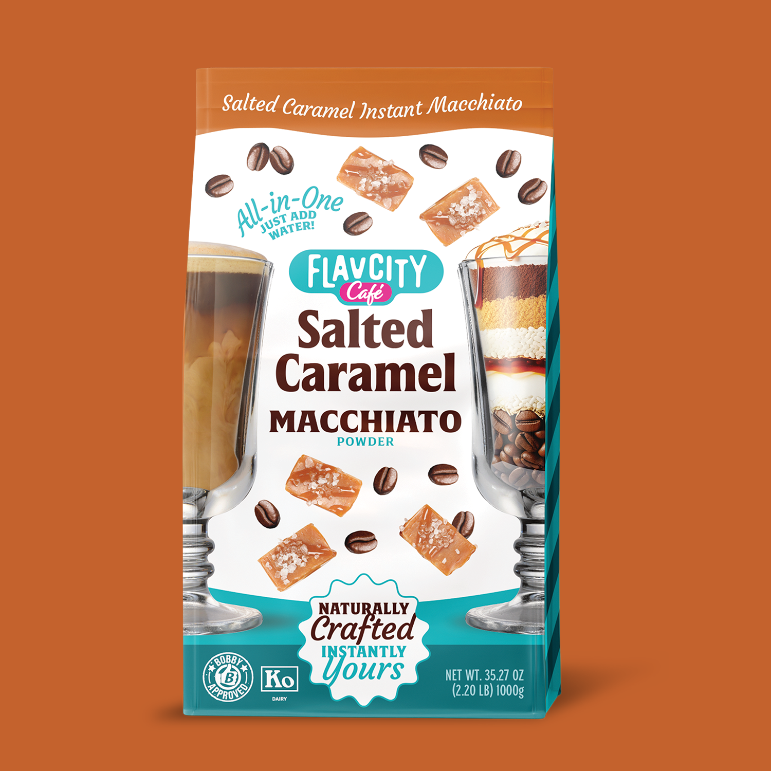 Front view of FlavCity Cafe Salted Caramel Macchiato powder bag, featuring caramel and coffee graphics on a white background.
