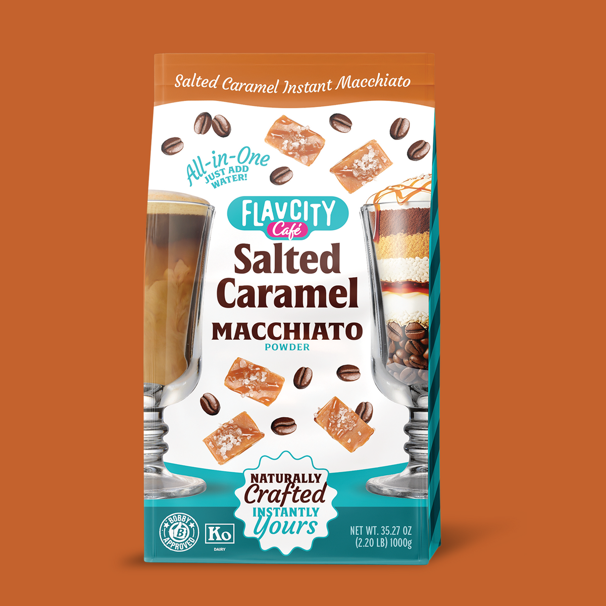Front view of FlavCity Cafe Salted Caramel Macchiato powder bag, featuring caramel and coffee graphics on a white background.
