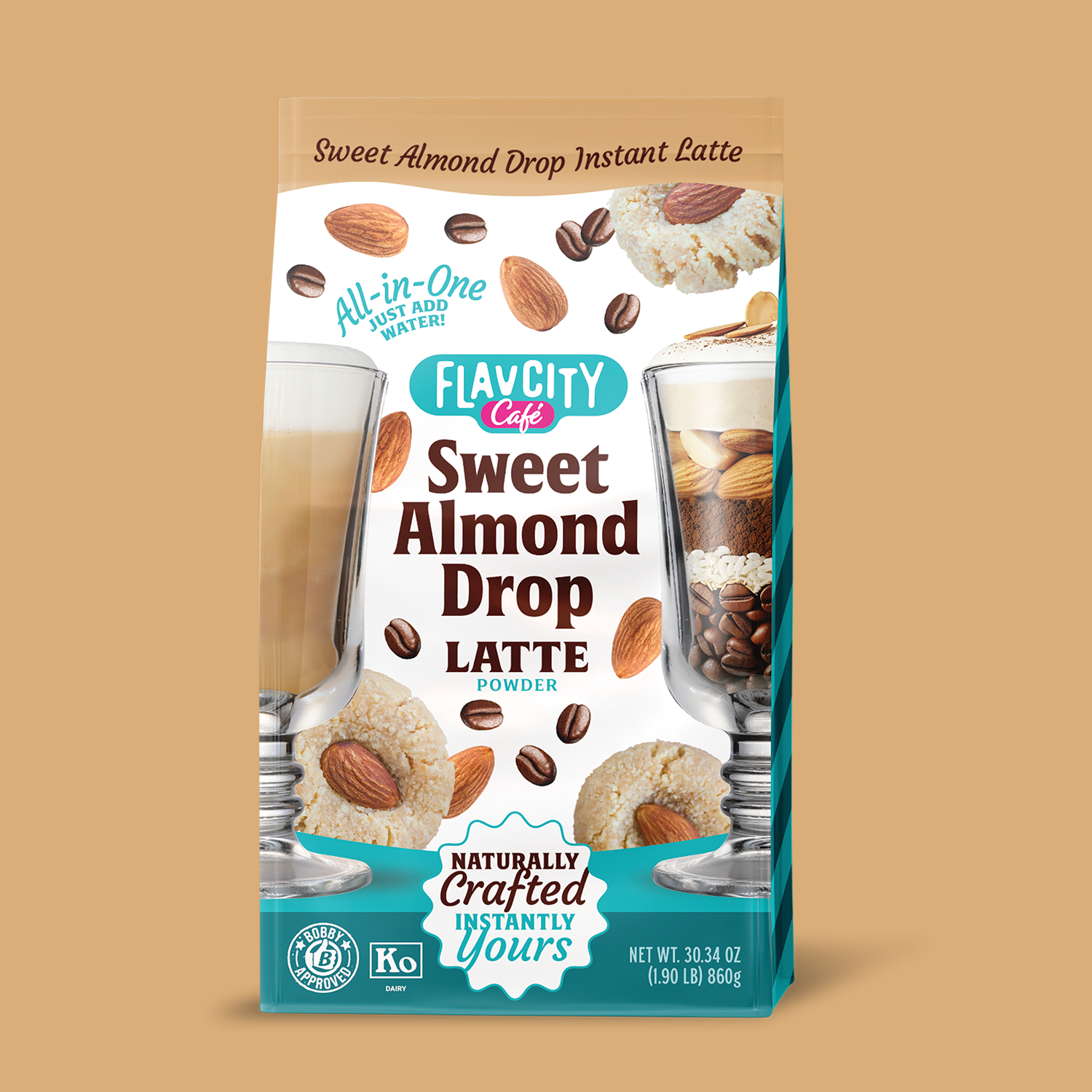 Front view of FlavCity Cafe Sweet Almond Drop Latte powder bag, featuring almond and latte artwork on a light background, highlighting nutty almond and creamy latte flavor