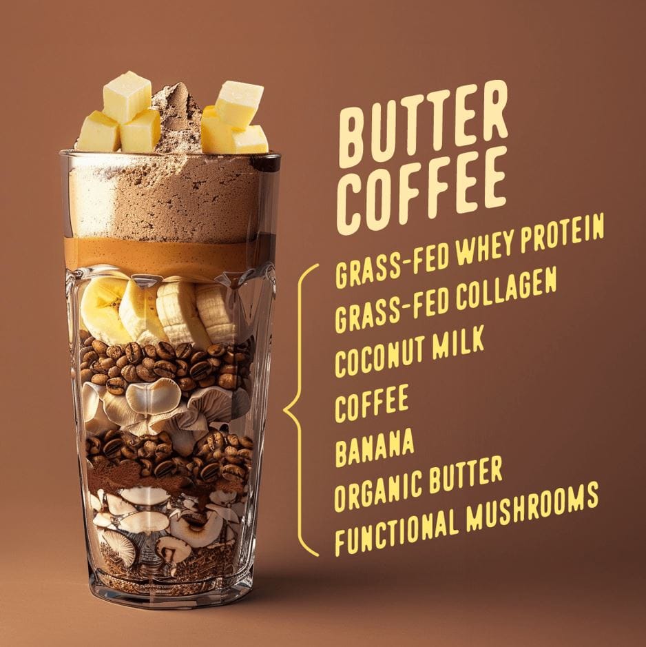 A layered glass of Protein Smoothie Starter Kit from Shop FlavCity—featuring whey protein, collagen, coconut milk, coffee beans, banana slices, organic butter cubes, and mushrooms—is shown with labeled text on a brown background.