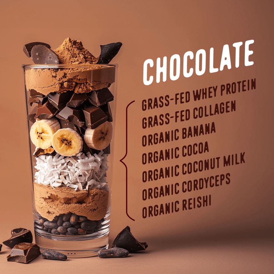 A glass layered with banana slices, shredded coconut, chocolate chunks, and cocoa powder sits beside Shop FlavCity’s Protein Smoothie Starter Kit single-serve meal packets and a list of chocolate smoothie ingredients on a brown background.