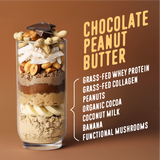 A glass layered with banana slices, grass-fed whey protein, nuts, chocolate, and coconut flakes sits beside text: "Chocolate Peanut Butter Protein Smoothie" by Shop FlavCity listing the ingredients. Brown background.