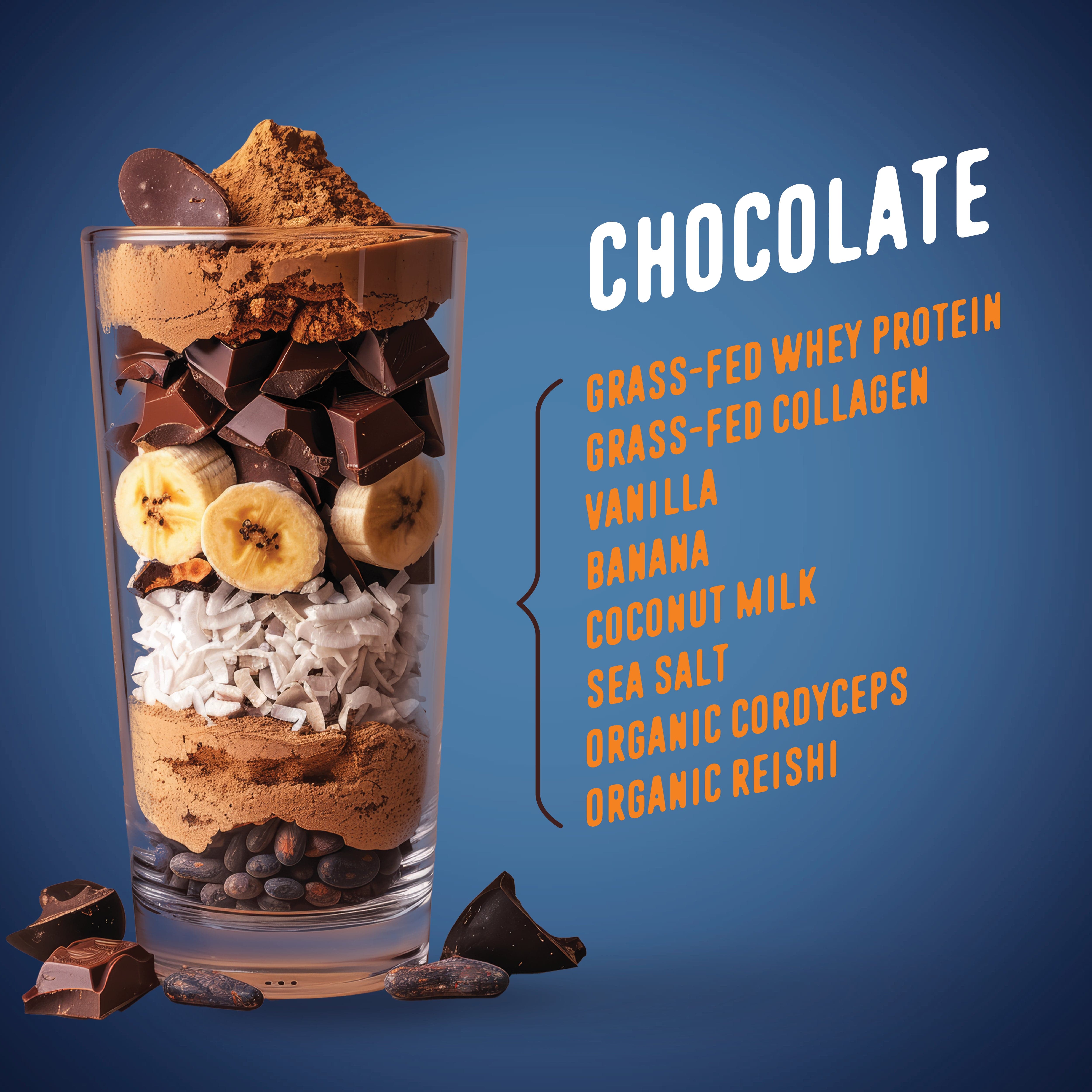 A tall glass of Shop FlavCity’s Chocolate Protein Smoothie, layered with organic cocoa pieces, banana slices, protein powder, shredded coconut, and coffee beans sits beside its ingredient list on a blue background.