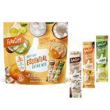 A FlavCity Coconut Anytime Essential Variety Pack of coconut, coconut orange, and coconut lime collagen drink mix sticks, shown with the outer pouch and individual electrolyte drink packets.