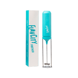 A turquoise handheld coffee frother labeled FlavCity Cafe is displayed beside its matching box, which features the brand and “FROTHER” in bold blue—an ideal addition to the Latte Lover Bundle from FlavCity Cafe.