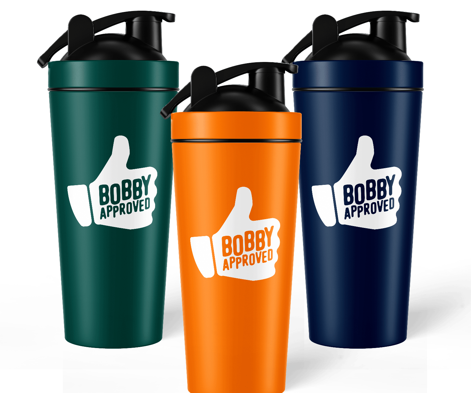 Three tumblers in green, orange, and navy with 'Bobby Approved' logo on a white background
