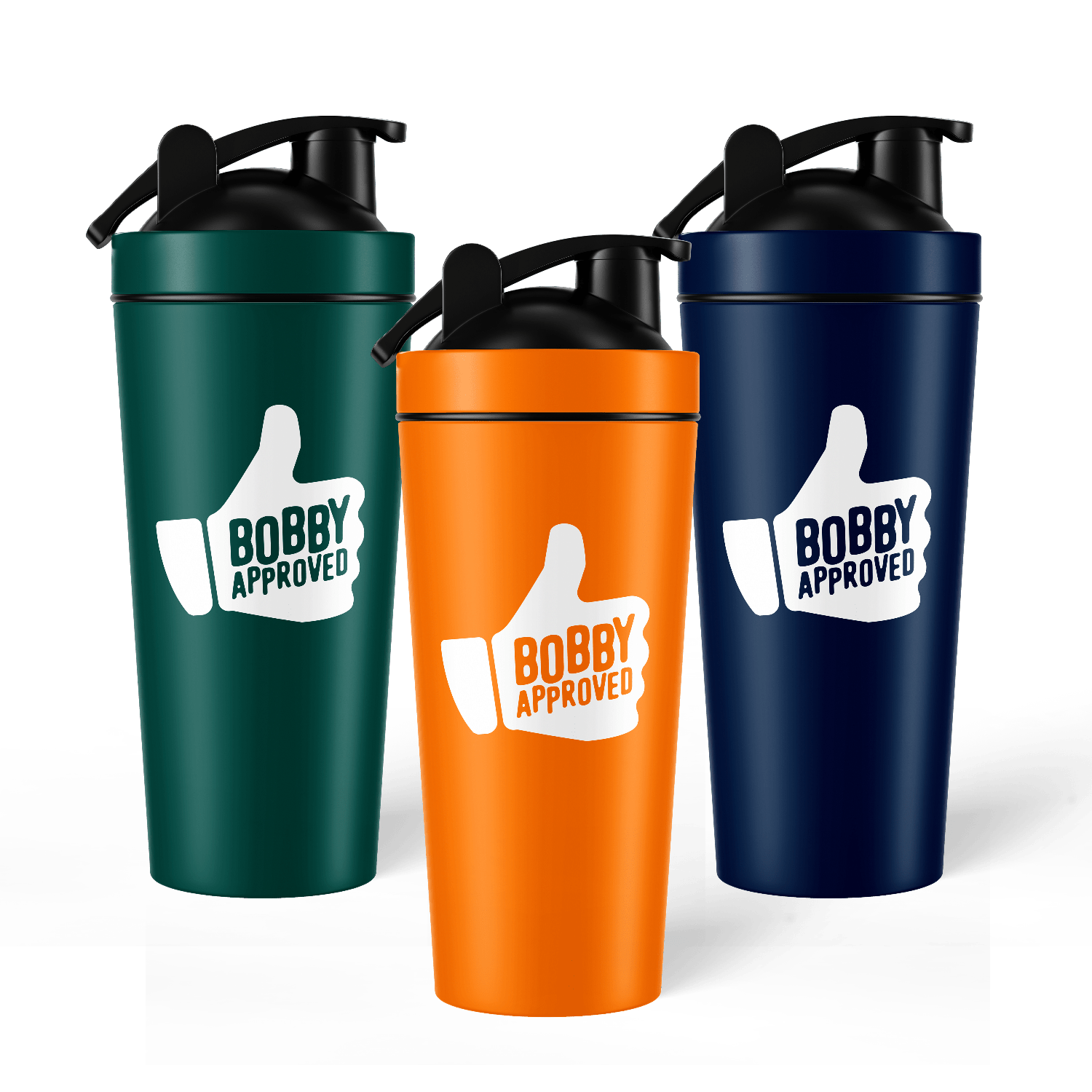 Three tumblers in green, orange, and navy with 'Bobby Approved' logo on a white background