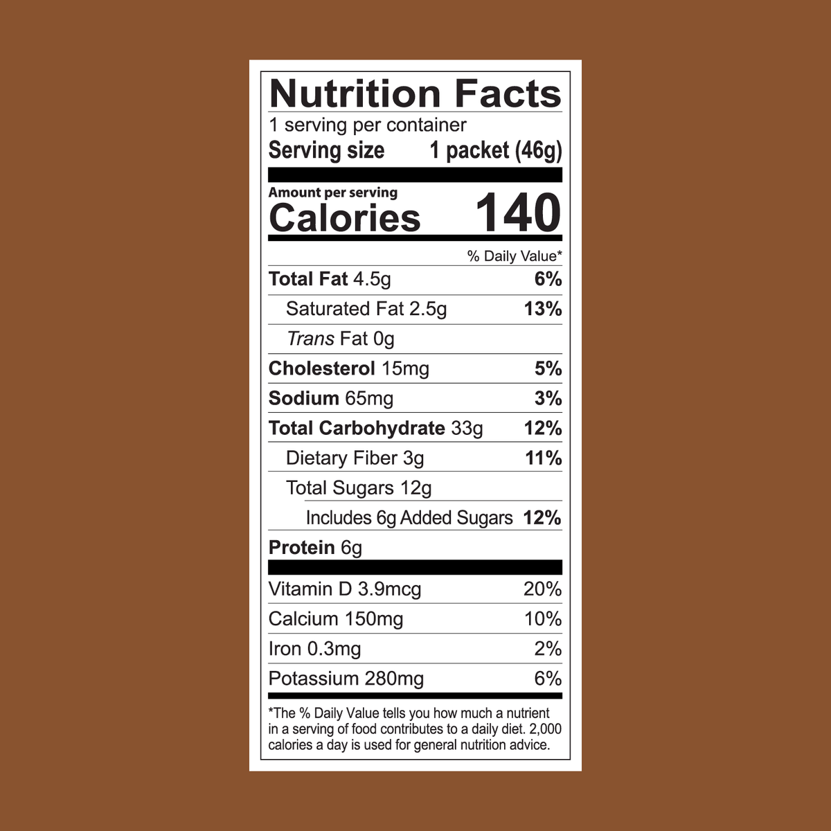 Nutrition Facts label for the FlavCity Cafe Latte Variety Pack, with single-serve indulgent lattes—each pack has 1 serving, 140 calories, and info on fat, protein, carbs, sugar, vitamins & minerals.