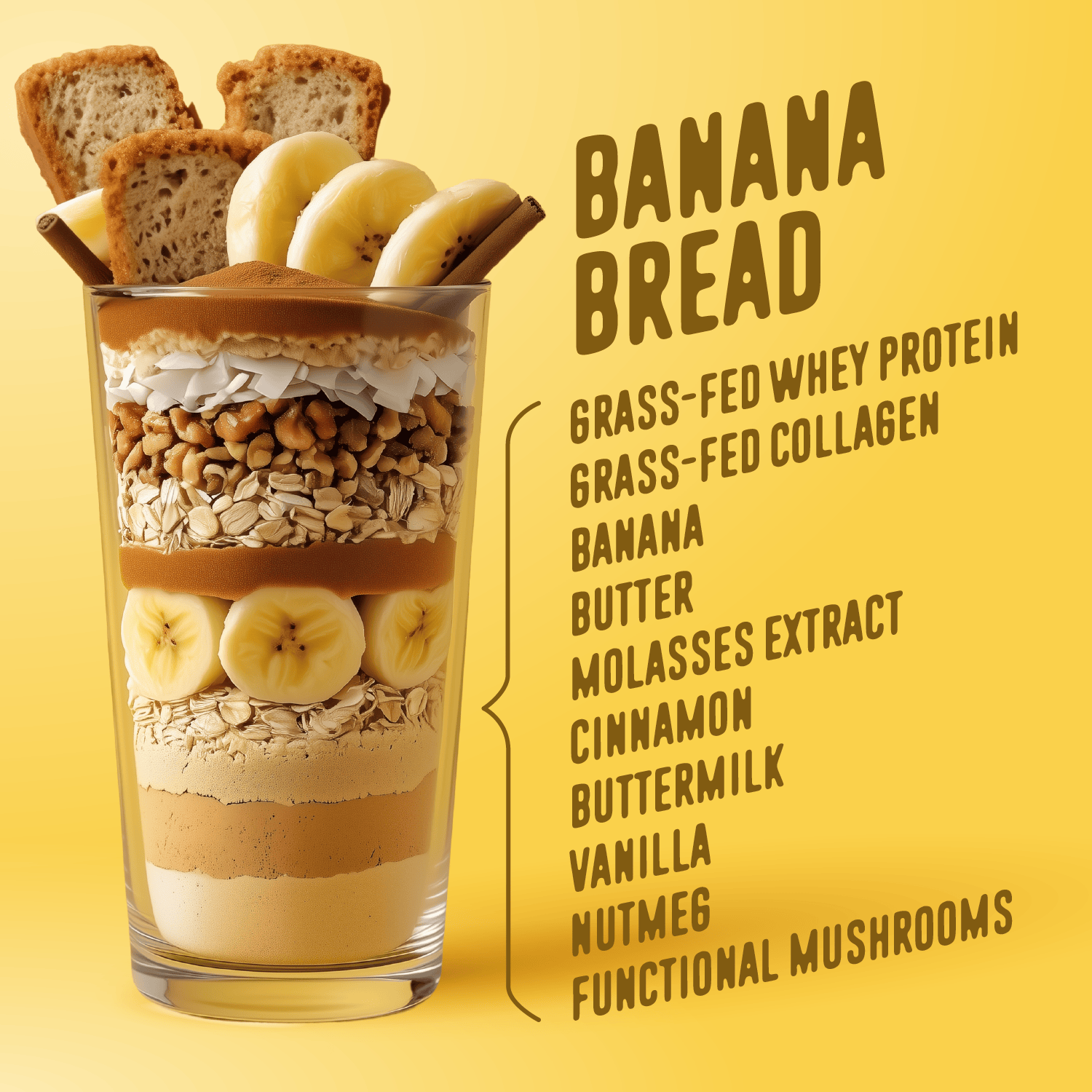 A glass of Shop FlavCity's Banana Bread Protein Smoothie—layered with banana slices, oats, nuts, a brown spread, and topped with crackers—sits next to an ingredient list on a yellow background.