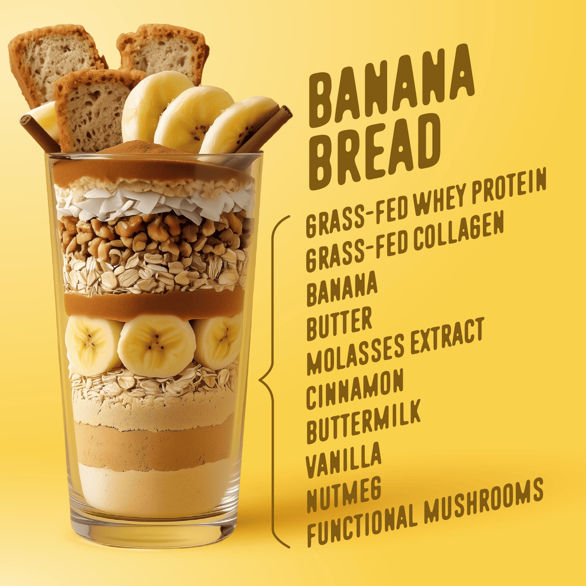 A glass of Shop FlavCity's Banana Bread Protein Smoothie—layered with banana slices, oats, nuts, a brown spread, and topped with crackers—sits next to an ingredient list on a yellow background.