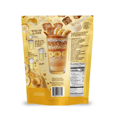 Back of a yellow Shop FlavCity Banana Bread Protein Smoothie bag showing prep instructions, nutrition facts, ingredients, and images of the shake topped with bananas, peanuts, and bread. Made with grass-fed whey protein.