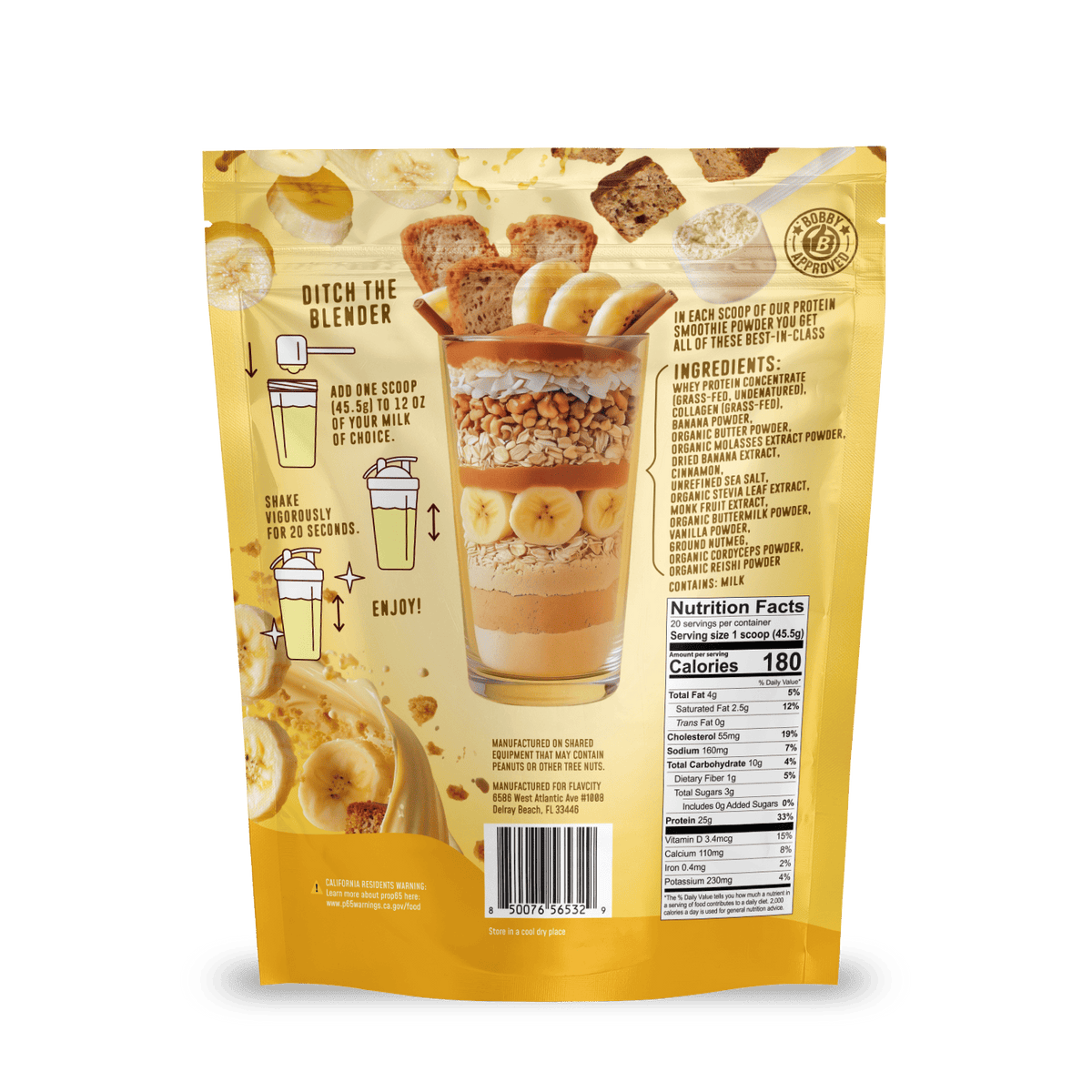 Back of a yellow Shop FlavCity Banana Bread Protein Smoothie bag showing prep instructions, nutrition facts, ingredients, and images of the shake topped with bananas, peanuts, and bread. Made with grass-fed whey protein.