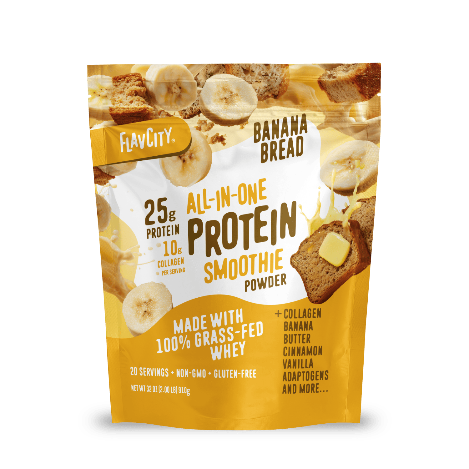 A yellow and white Shop FlavCity Banana Bread Protein Smoothie pouch features banana bread slices and bananas, highlighting 25g protein, grass-fed whey, collagen protein powder, and other nutritious ingredients on the packaging.
