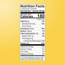 The Banana Bread Protein Smoothie by Shop FlavCity features 180 calories, 4g total fat, and 25g protein per serving on a yellow Nutrition Facts label—great for fans of grass-fed whey or collagen protein powders. Percent daily values included.