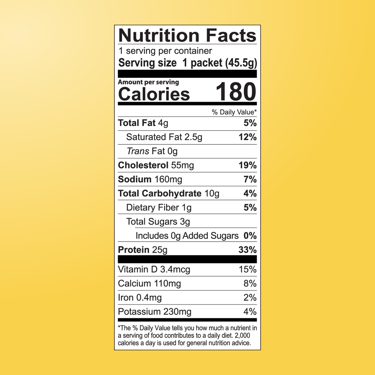 The Banana Bread Protein Smoothie by Shop FlavCity features 180 calories, 4g total fat, and 25g protein per serving on a yellow Nutrition Facts label—great for fans of grass-fed whey or collagen protein powders. Percent daily values included.