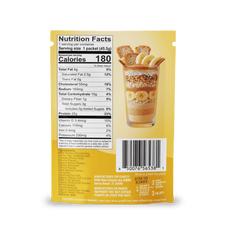 Back of a Shop FlavCity Protein Smoothie: Single-Serve Packets showing nutrition facts, ingredients, barcode, and an image of layered yogurt with granola, nuts, banana slices & biscuit sticks—plus serving size, calories & manufacturer info.