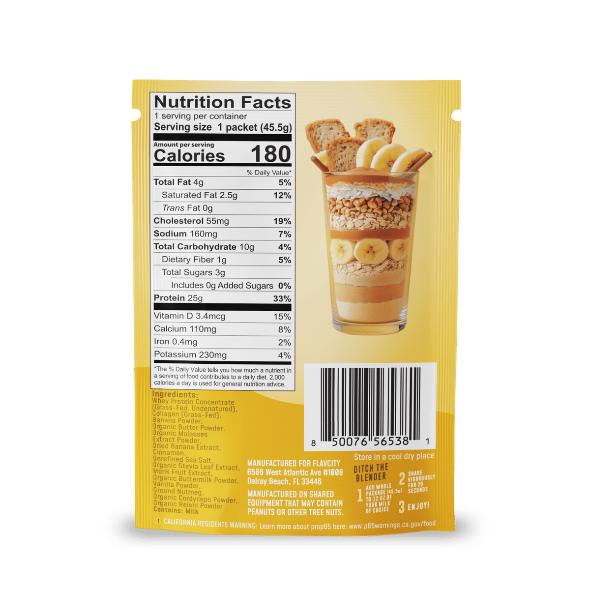 Back of a Shop FlavCity Protein Smoothie: Single-Serve Packets showing nutrition facts, ingredients, barcode, and an image of layered yogurt with granola, nuts, banana slices & biscuit sticks—plus serving size, calories & manufacturer info.