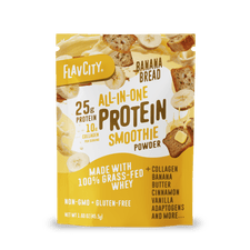 A yellow and white packet of Shop FlavCity Protein Smoothie: Single-Serve Packets in Banana Bread flavor, with banana slices and bread imagery. Delivers 25g protein, 10g collagen, grass-fed whey, and is gluten-free—ideal for on-the-go nutrition.