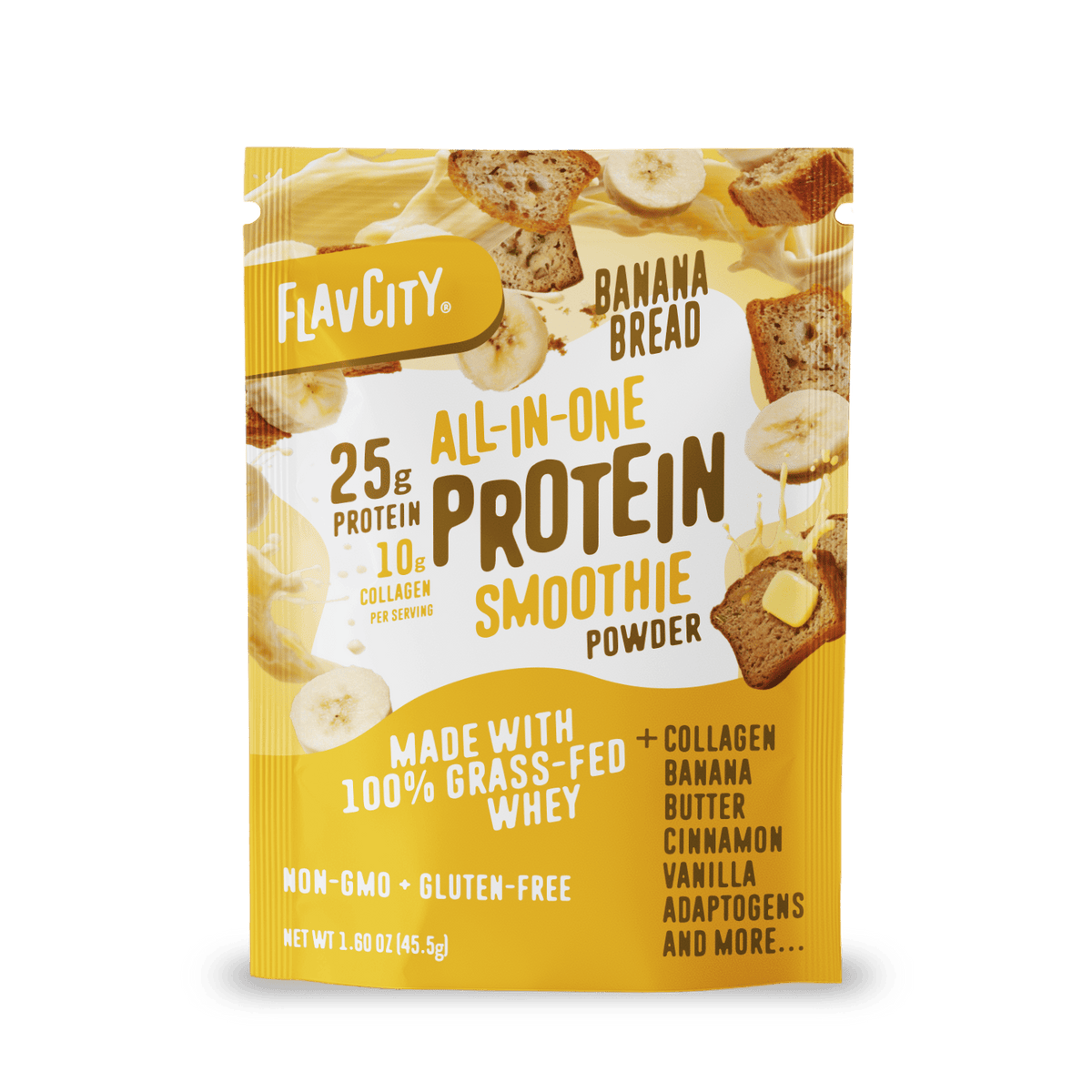 A yellow and white packet of Shop FlavCity Protein Smoothie: Single-Serve Packets in Banana Bread flavor, with banana slices and bread imagery. Delivers 25g protein, 10g collagen, grass-fed whey, and is gluten-free—ideal for on-the-go nutrition.