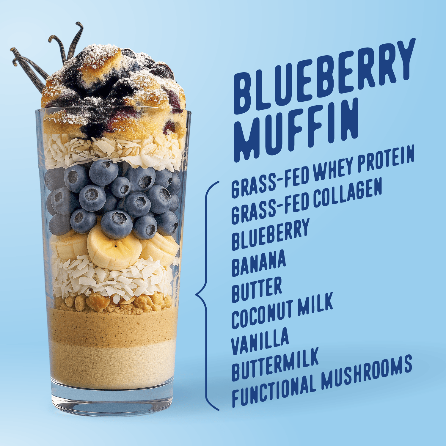 A glass of Shop FlavCity’s Blueberry Muffin Protein Smoothie—layered with blueberries, banana, oats, and muffin top—sits beside its ingredient list on a blue background.