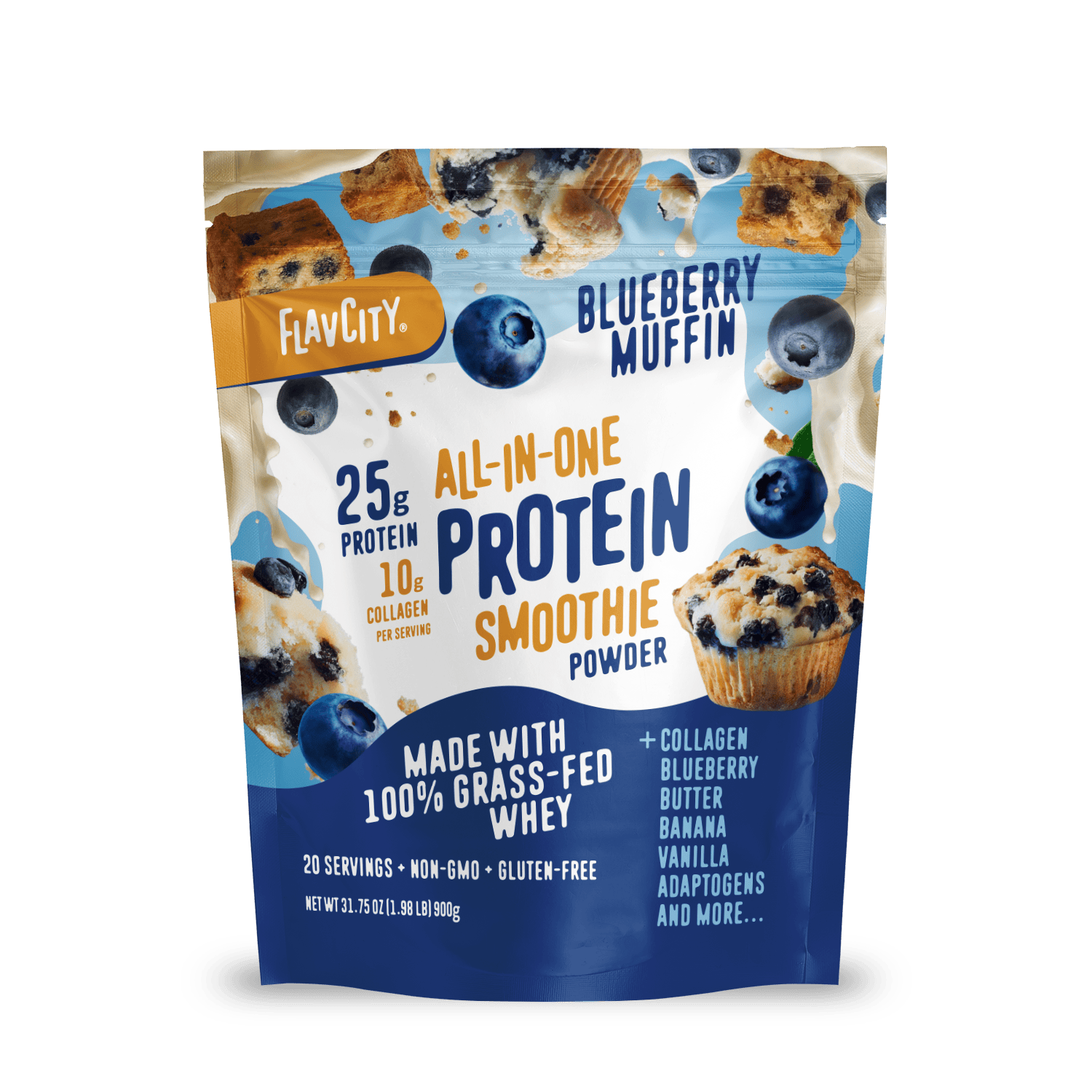 A bag of Shop FlavCity Blueberry Muffin Protein Smoothie displays images of blueberries and muffins, highlighting 25g grass-fed whey protein, 10g collagen protein per serving, plus key ingredients like whey and blueberry.