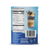 Back of a Shop FlavCity Protein Smoothie: Single-Serve Packets shows nutrition facts, ingredients, and a glass dessert with blueberries, cream, and crumbs. Highlights the product’s convenient on-the-go protein. Barcode displayed at the bottom.