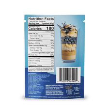 Back of a Shop FlavCity Protein Smoothie: Single-Serve Packets shows nutrition facts, ingredients, and a glass dessert with blueberries, cream, and crumbs. Highlights the product’s convenient on-the-go protein. Barcode displayed at the bottom.