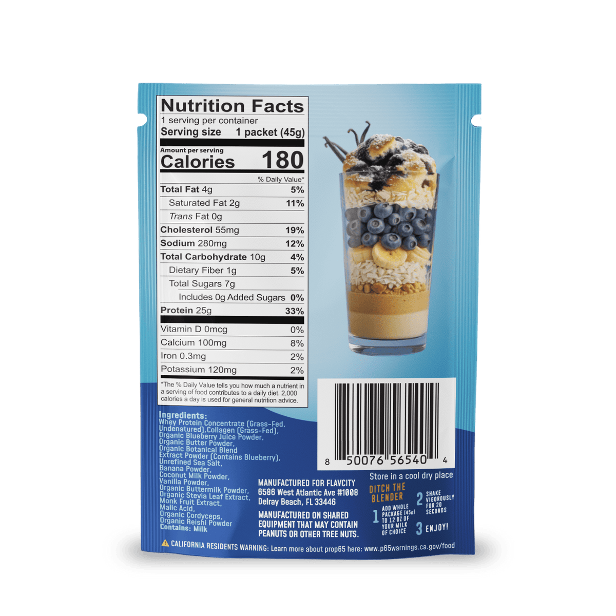 Back of a Shop FlavCity Protein Smoothie: Single-Serve Packets shows nutrition facts, ingredients, and a glass dessert with blueberries, cream, and crumbs. Highlights the product’s convenient on-the-go protein. Barcode displayed at the bottom.