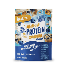 A single-serve packet of Shop FlavCity Protein Smoothie in Blueberry Muffin flavor offers 25g protein, 10g collagen, whey, blueberry, and banana per serving. Convenient blue and white pack—ideal for on-the-go nutrition.
