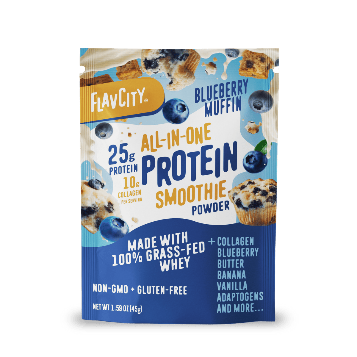 A single-serve packet of Shop FlavCity Protein Smoothie in Blueberry Muffin flavor offers 25g protein, 10g collagen, whey, blueberry, and banana per serving. Convenient blue and white pack—ideal for on-the-go nutrition.