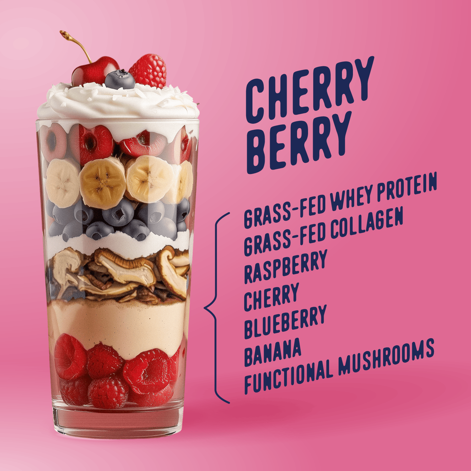 Enjoy a Cherry Berry Protein Smoothie by Shop FlavCity—served parfait-style with whipped cream, cherries, blueberries, bananas, raspberries, and mushroom slices. Ingredients: grass-fed whey protein, collagen, berries, banana, and mushrooms.