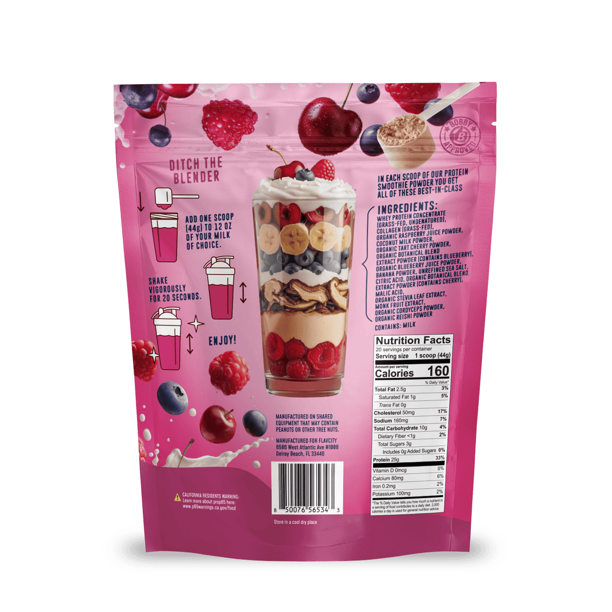 A pink pouch of Shop FlavCity Cherry Berry Protein Smoothie features a smoothie layered with fruit and granola on the front. The back displays instructions, ingredients, nutrition facts, berries, cherries, and highlights grass-fed whey.