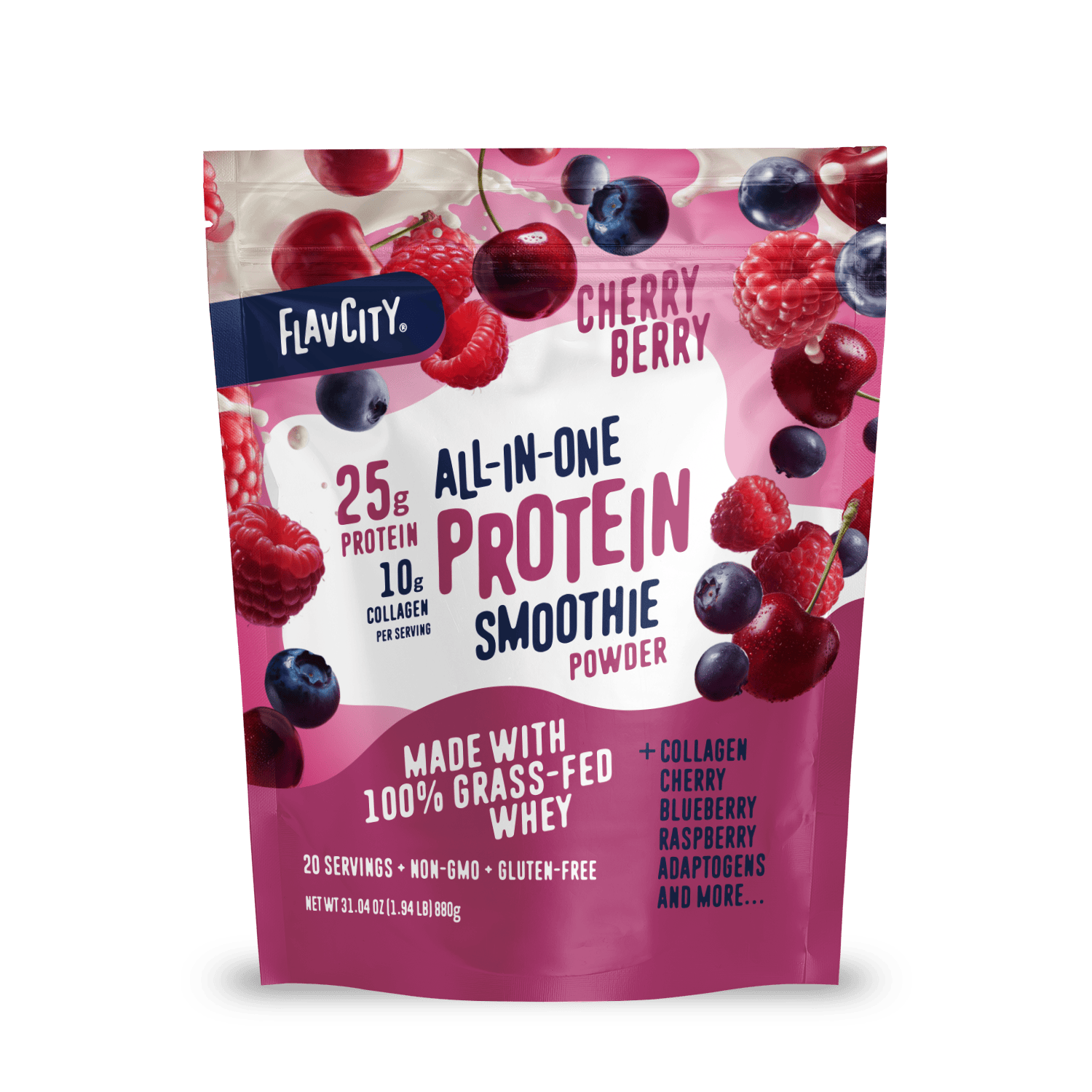 A pouch of Shop FlavCity Cherry Berry Protein Smoothie features cherries, blueberries, and raspberries on its packaging. It offers 25g protein, 10g collagen, and 100% grass-fed whey for a tasty and nourishing boost.