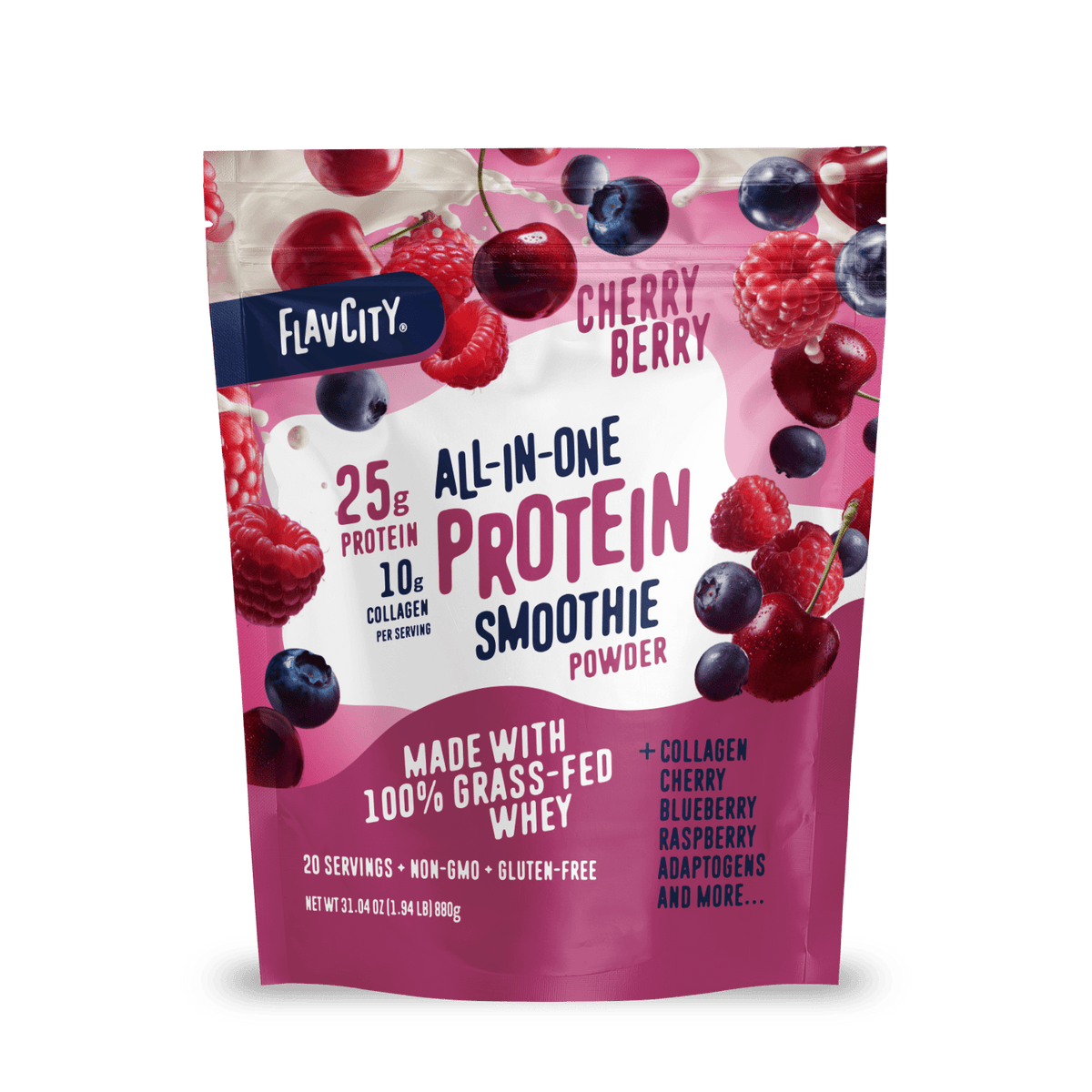 A pouch of Shop FlavCity Cherry Berry Protein Smoothie features cherries, blueberries, and raspberries on its packaging. It offers 25g protein, 10g collagen, and 100% grass-fed whey for a tasty and nourishing boost.
