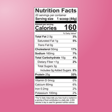Shop FlavCity Cherry Berry Protein Smoothie nutrition facts: 1 scoop (44g) has 160 calories, 2.5g fat, 30mg cholesterol, 10g carbs, 25g protein from grass-fed whey and collagen, plus added vitamins and minerals. Pink background.