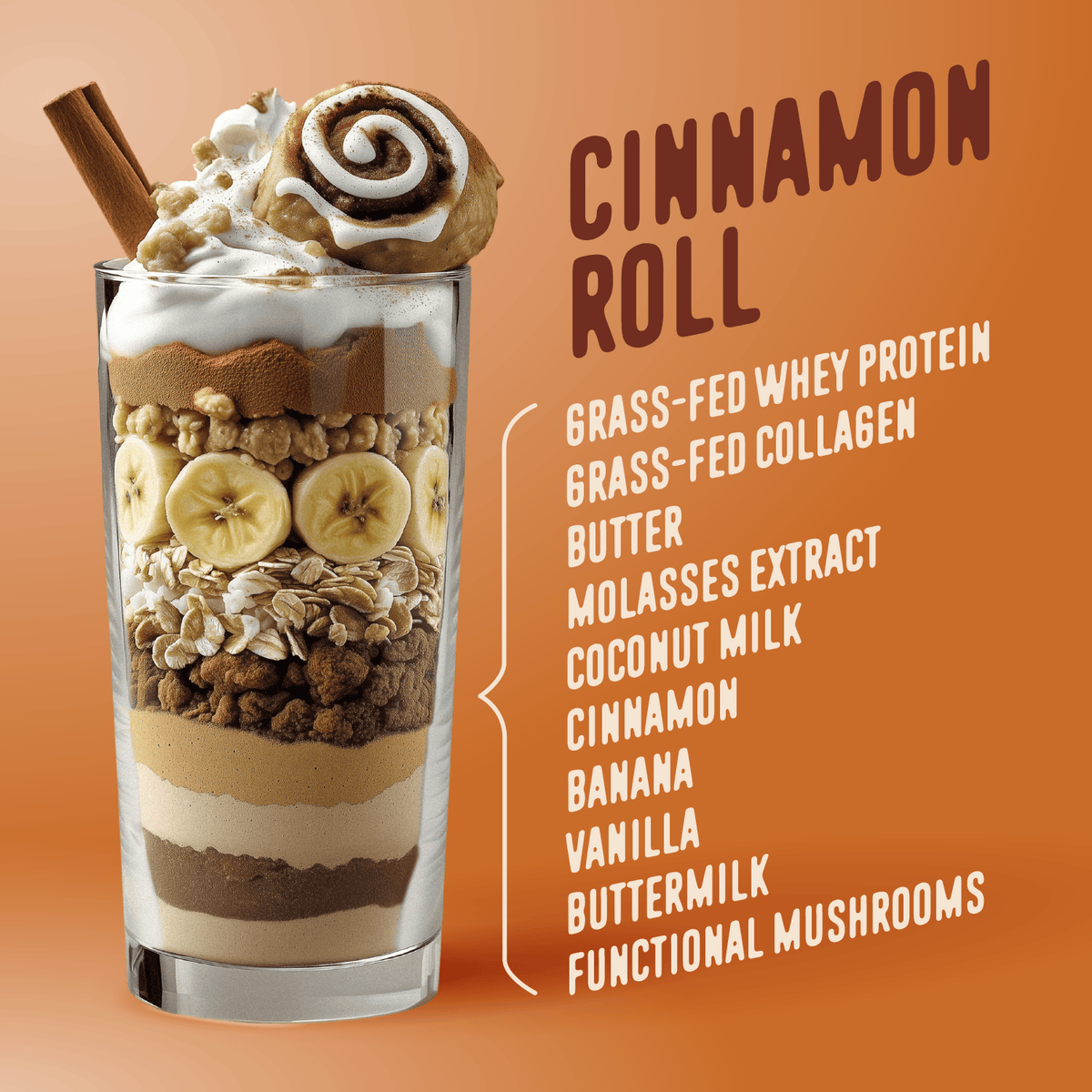The Shop FlavCity Cinnamon Roll Protein Smoothie is served in a tall glass and topped with whipped cream, a cinnamon roll, banana, oats, and cinnamon. Ingredients include whey protein, collagen, cinnamon, banana, and coconut milk.