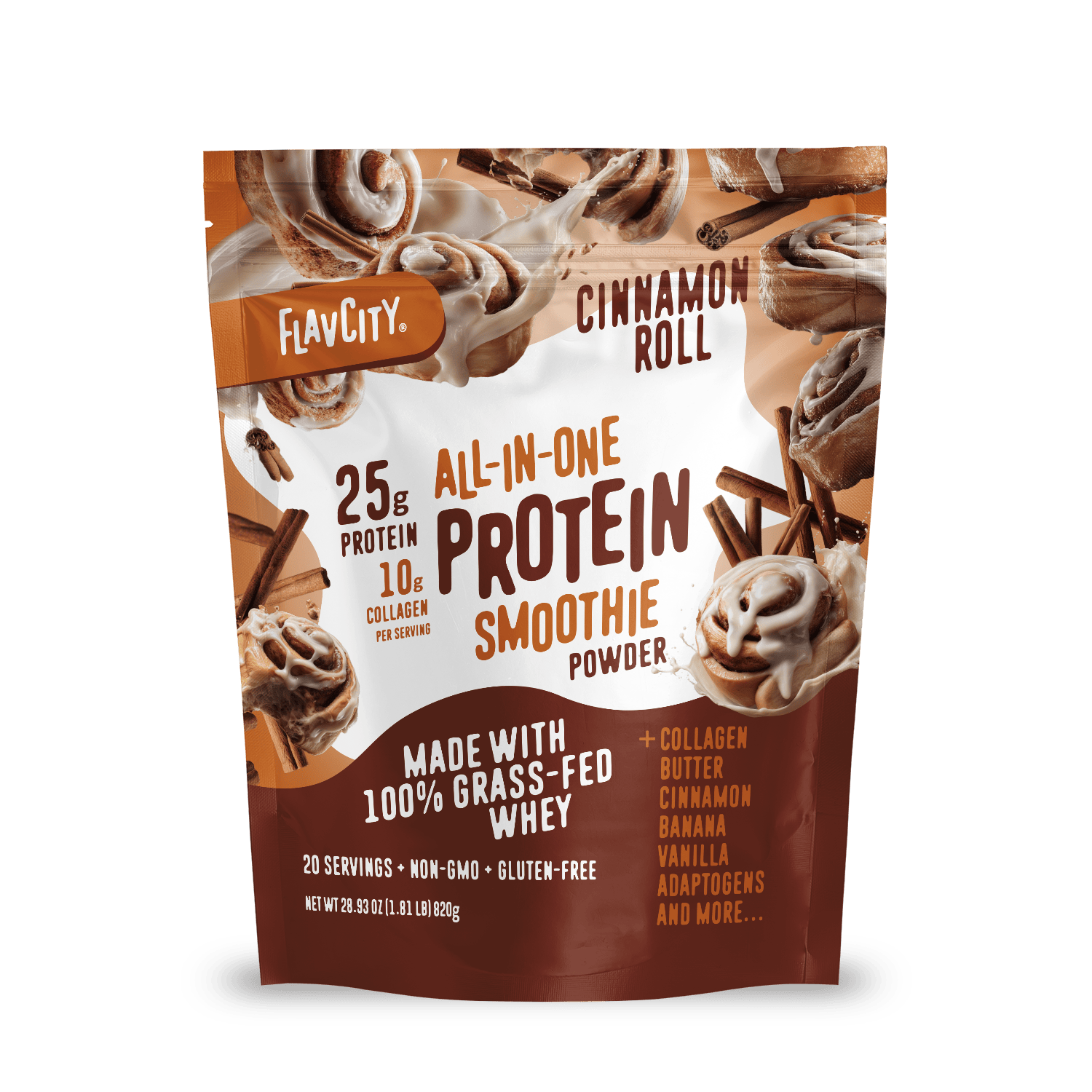 A stand-up pouch of Shop FlavCity Cinnamon Roll Protein Smoothie features cinnamon roll images and highlights 25g protein, 10g collagen, grass-fed whey, plus natural banana and vanilla flavors for a high-protein smoothie.