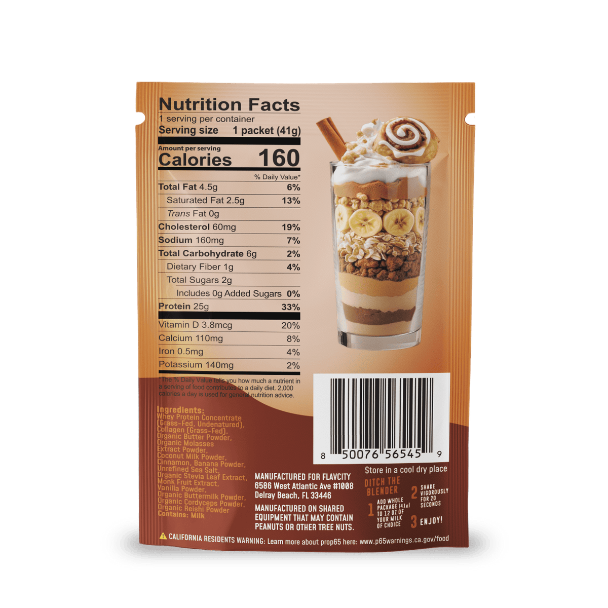 Back of a Shop FlavCity Protein Smoothie Single-Serve Cinnamon Roll packet with nutrition facts, ingredients, and barcode; above is a glass dessert layered with whipped cream, banana slices, wafers, and a rolled wafer garnish.