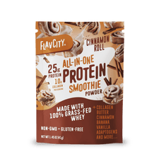 Shop FlavCity Protein Smoothie Single-Serve Cinnamon Roll pouch—25g protein, 10g collagen, grass-fed whey, non-GMO, gluten-free, a swirl of cinnamon roll flavor with a hint of cold brew coffee and key ingredients.