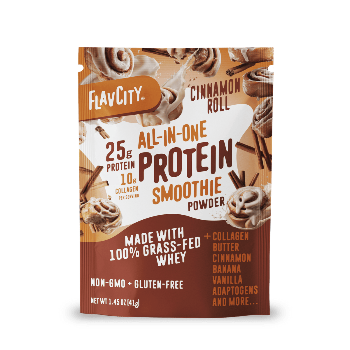Shop FlavCity Protein Smoothie Single-Serve Cinnamon Roll pouch—25g protein, 10g collagen, grass-fed whey, non-GMO, gluten-free, a swirl of cinnamon roll flavor with a hint of cold brew coffee and key ingredients.